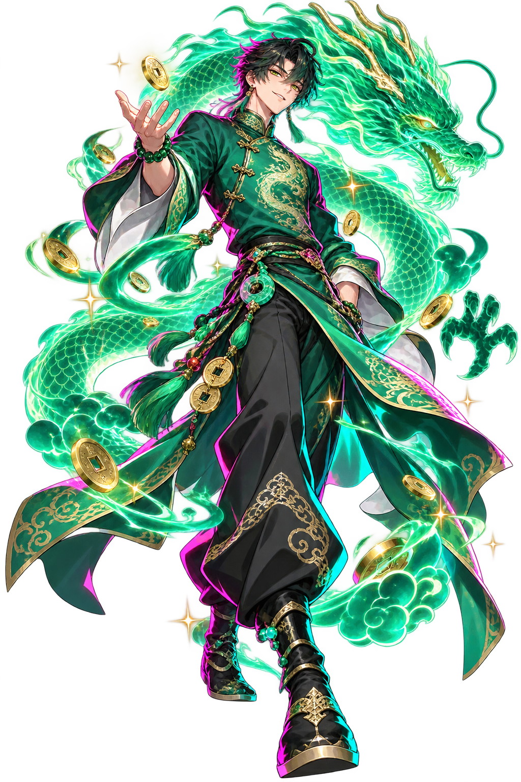 Mascote adulto em estilo anime, com jaqueta futurista e detalhes de dragão, iluminado por neon vermelho e azul.